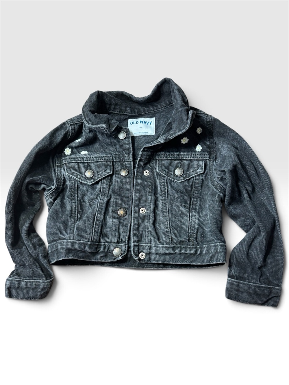 Old Navy Black Acid Wash Floral Embroidered Denim Jacket 5T